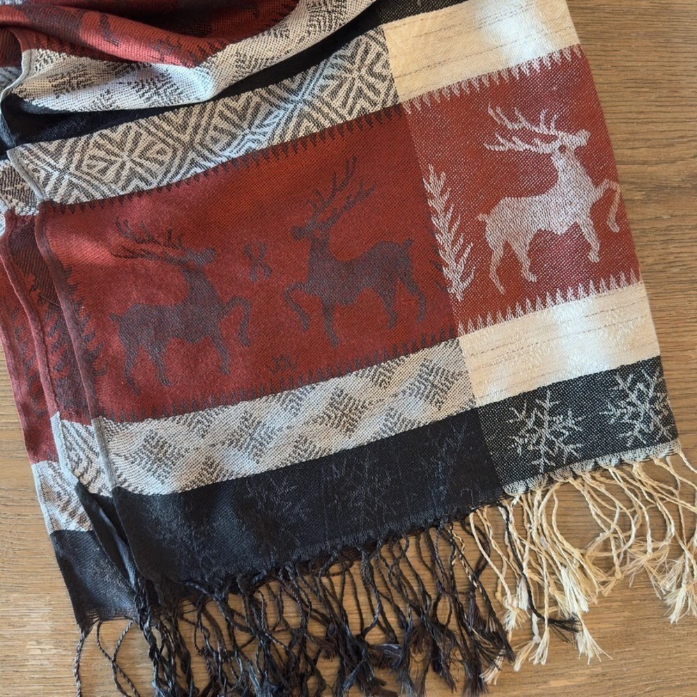 100% Pure Cashmere Shawl Wrap From Jerusalem-Reindeer Snowflake Pattern-74x26 in